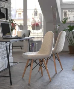 Flash Furniture 2 Pack Off-White Faux Sherpa Chairs with Wood Legs, 2PK