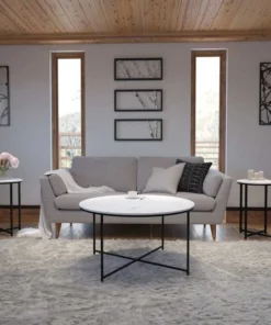 Flash Furniture 3 Piece White Marbled Table Set-Matte Black Frame