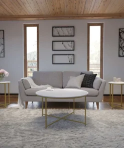 Flash Furniture Hampstead Collection Coffee and End Table Set - White Marbled Laminate Top & Brushed Gold Crisscross Frame, 3 Piece Table Set