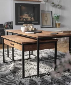 Flash Furniture Walnut 2 Piece Nesting Tables Set - Black Frames