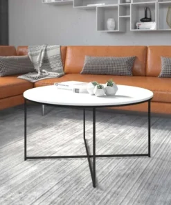 Flash Furniture Round White Coffee Table with Matte Black Frame
