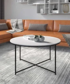 Flash Furniture Round Marble Coffee Table with Matte Black Frame