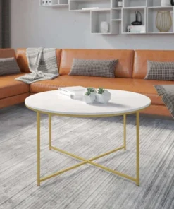 Flash Furniture Hampstead Collection Coffee Table - Modern White Marble Finish Accent Table with Crisscross Brushed Gold Frame