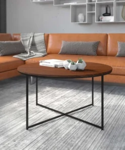 Flash Furniture Round Walnut Coffee Table with Matte Black Frame