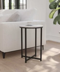 Flash Furniture Round White End Table with Matte Black Frame