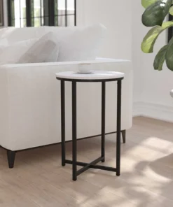 Flash Furniture Round Marble End Table with Matte Black Frame