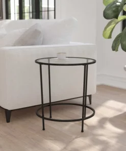 Flash Furniture Round Glass End Table with Matte Black Frame