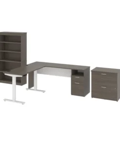 BESTAR Upstand 135W 72W L-Shaped Standing Desk with Bookcase and File Cabinet in bark grey & white