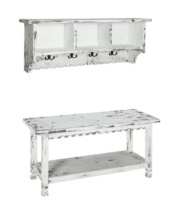 Alaterre Furniture Country Cottage Coat Hooks and Bench Set, White Antique Finish