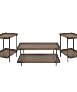 Alaterre Furniture Kyra 3-Piece Oak and Metal Living Room Set with Two 27" Side Tables and 42"L Coffee Table