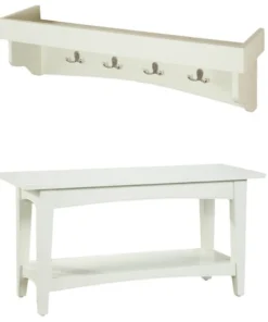 Alaterre Furniture Shaker Cottage Tray Shelf Coat Hook with Bench Set, Ivory