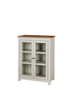 Alaterre Furniture Savannah Pie Safe Cabinet, Ivory with Natural Wood Top