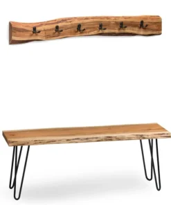 Alaterre Furniture Hairpin Natural Live Edge 48" Bench with Coat Hook Set