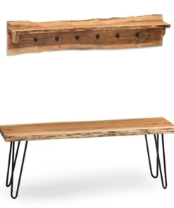 Alaterre Furniture Hairpin Natural Live Edge 48" Bench with Coat Hook Shelf Set