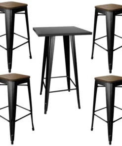 Amerihome Loft Glossy Black Pub Set With Wood Top Bar Stools, 5 Piece Set