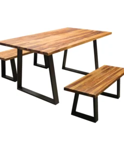 Amerihome Dining Table Set, 63"X37" W/ 2 Benches, Rosewood Top and Metal Legs
