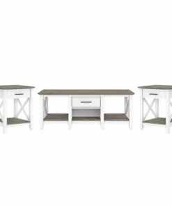 Bush Furniture Key West Coffee Table W/ Set of 2 End Tables, Pure White and Shiplap Gray