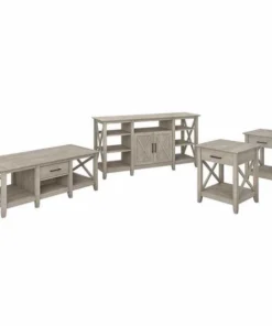 Bush Furniture Key West Tall TV Stand W/ Coffee Table and Set of 2 End Tables, Washed Gray