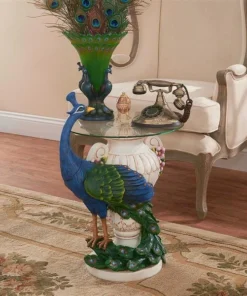 Design Toscano Staverden Castle Peacock Sculptural Glass-Topped Table