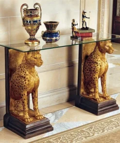 Design Toscano Royal Egyptian Cheetahs Sculptural Glass-Topped Console