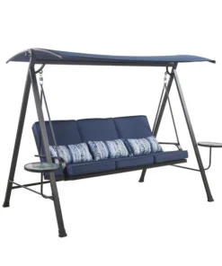 Living Accents 3 Person Black Steel Swing with Tables Blue