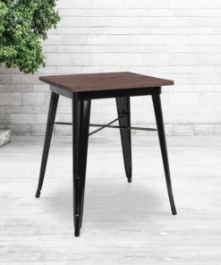 Flash Furniture Square Chair, Sq Indoor Table, Black Metal, 23.5", 23.5" W, 23.5" L, 30.25" H, Wood Top, Wood Grain