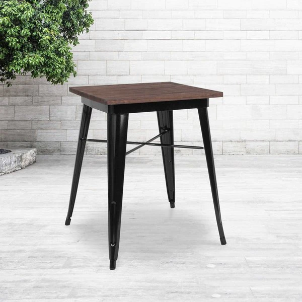 Flash Furniture Square Chair, Sq Indoor Table, Black Metal, 23.5", 23.5" W, 23.5" L, 30.25" H, Wood Top, Wood Grain