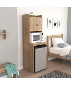 Inval Mini Refrigerator/Microwave Storage Cabinet 23.6 in. W x 19.7 in. D x 72 in. H in Amaretto