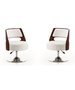Manhattan Comfort Salon Adjustable Height Swivel Accent Chair in White and Polished Chrome (Set of 2)