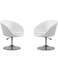 Manhattan Comfort Hopper Swivel Adjustable Height Faux Leather Chair in White and Polished Chrome (Set of 2)