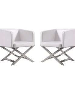 Manhattan Comfort Hollywood Lounge Accent Chair in White and Polished Chrome (Set of 2)