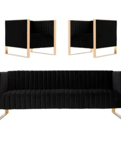 Manhattan Comfort Trillium Sofa and Armchair Set of 3 in Black and Rose Gold