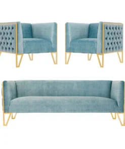 Manhattan Comfort Vector Sofa and Armchair Set of 3 in Ocean Blue and Gold