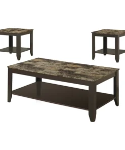 Monarch Specialties Table Set - 3Pcs Set / Espresso / Marble-Look Top