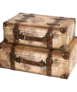 Vintiquewise Old World Map Leather Vintage Style Suitcase with Straps, PK 2