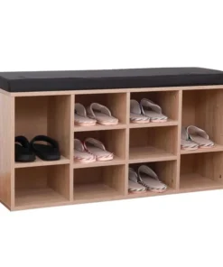Basicwise Natural Wooden Shoe Cubicle Storage Entryway Bench with Soft Cushion for Seating