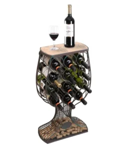 Vintiquewise Vintage Decorative Wooden Metal Goblet Shaped Freestanding Wine Rack with Cork Holder