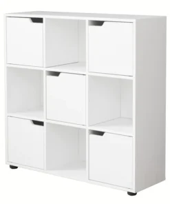 Basicwise 9 Cube Wooden Organizer with 5 Enclosed Doors and 4 Shelves, White
