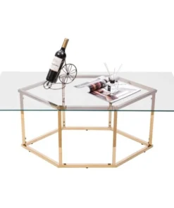 Fabulaxe Rectangular Glass Top Hexagon Gold Stainless Steel Metal Base Coffee Table