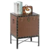 Vintiquewise Brown and Black Trimmed Faux Leather Lockable Square Lined Storage Trunk, End Table on Metal Stand