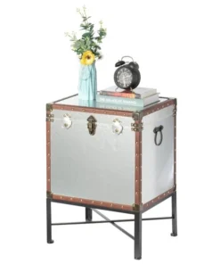 Vintiquewise Silver and Brown Trimmed Faux Leather Lockable Square Lined Storage Trunk, End Table on Metal Stand