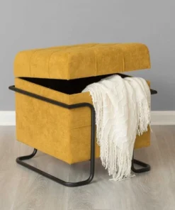 Fabulaxe Square Fabric Storage Ottoman with Black Metal Frame, Yellow