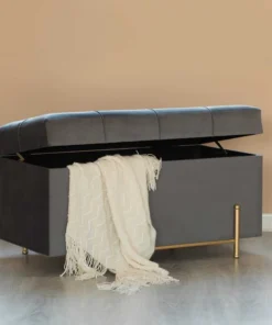 Fabulaxe Large Velvet Storage Ottoman with Gold Legs, Gray