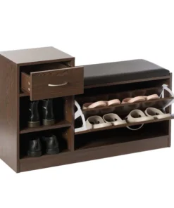 Basicwise Wooden Entryway Shoe Storage Bench with Cushion, Brown