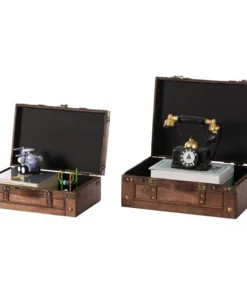 Vintiquewise Leather Antique Decorative Storage Trunk, Wooden Suitcase with Faux Leather Belt, Brown, PK 2