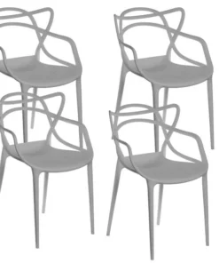 Fabulaxe Mid-Century Modern Style Stackable Plastic Molded Arm Chair with Entangled Open Back, Gray, PK 4