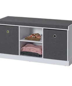 Basicwise MDF Storage Box Shoe Bench with 2 Drawers, Foldable Baskets and a Gray Cushion, White