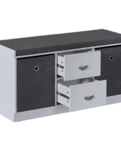 Basicwise MDF Storage Box Shoe Bench with 2 Shelves, Foldable Baskets and a Gray Cushion, White