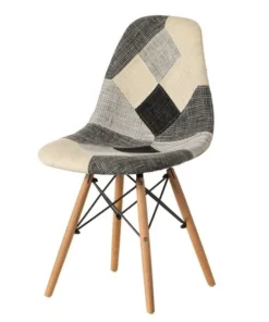 Fabulaxe White Patchwork Fabric Chair with Wooden Legs for Kitchen, Dining Room, Entryway, Living Room