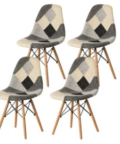 Fabulaxe Modern Black and White Patchwork Fabric Chair with Wooden Legs, PK 4